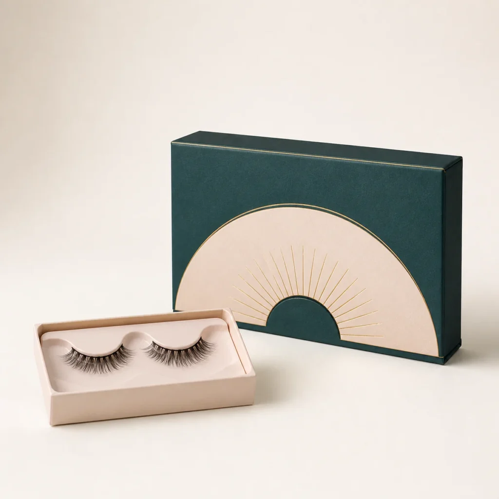 Custom eyelash box with matching product in a square studio photograph