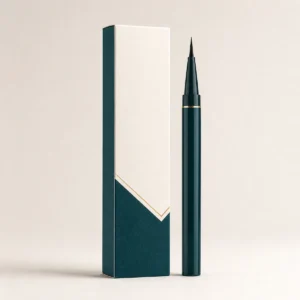Custom eyeliner box with matching product in a square studio photograph