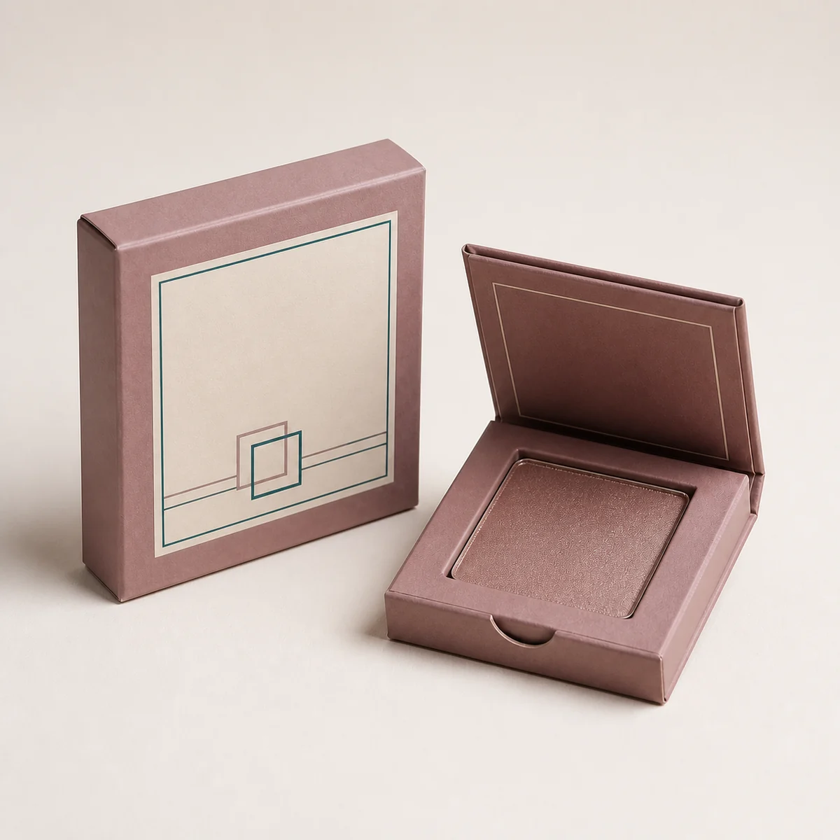 Custom eyeshadow packaging shown from a three-quarter side angle
