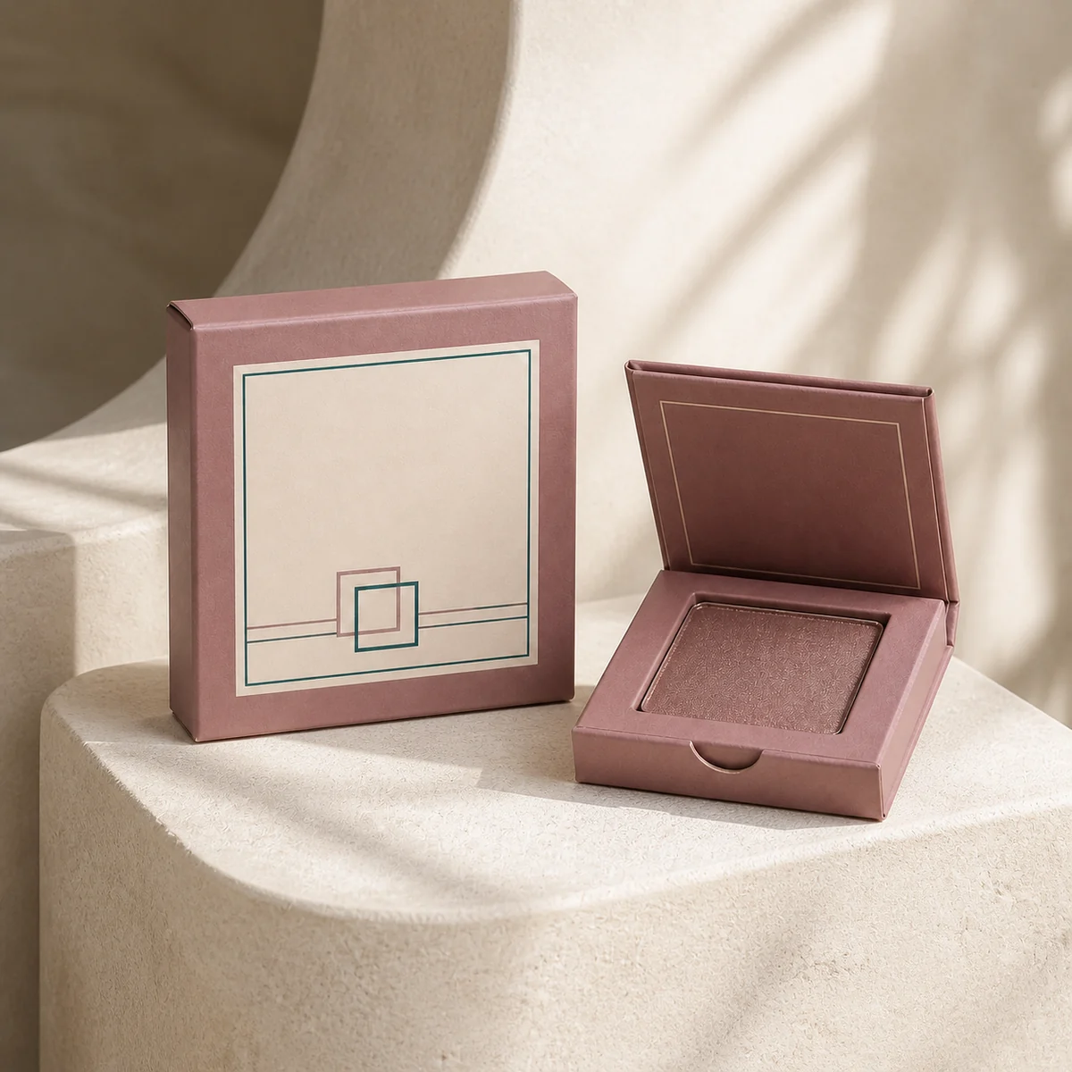 Custom eyeshadow box in a premium square retail styling scene