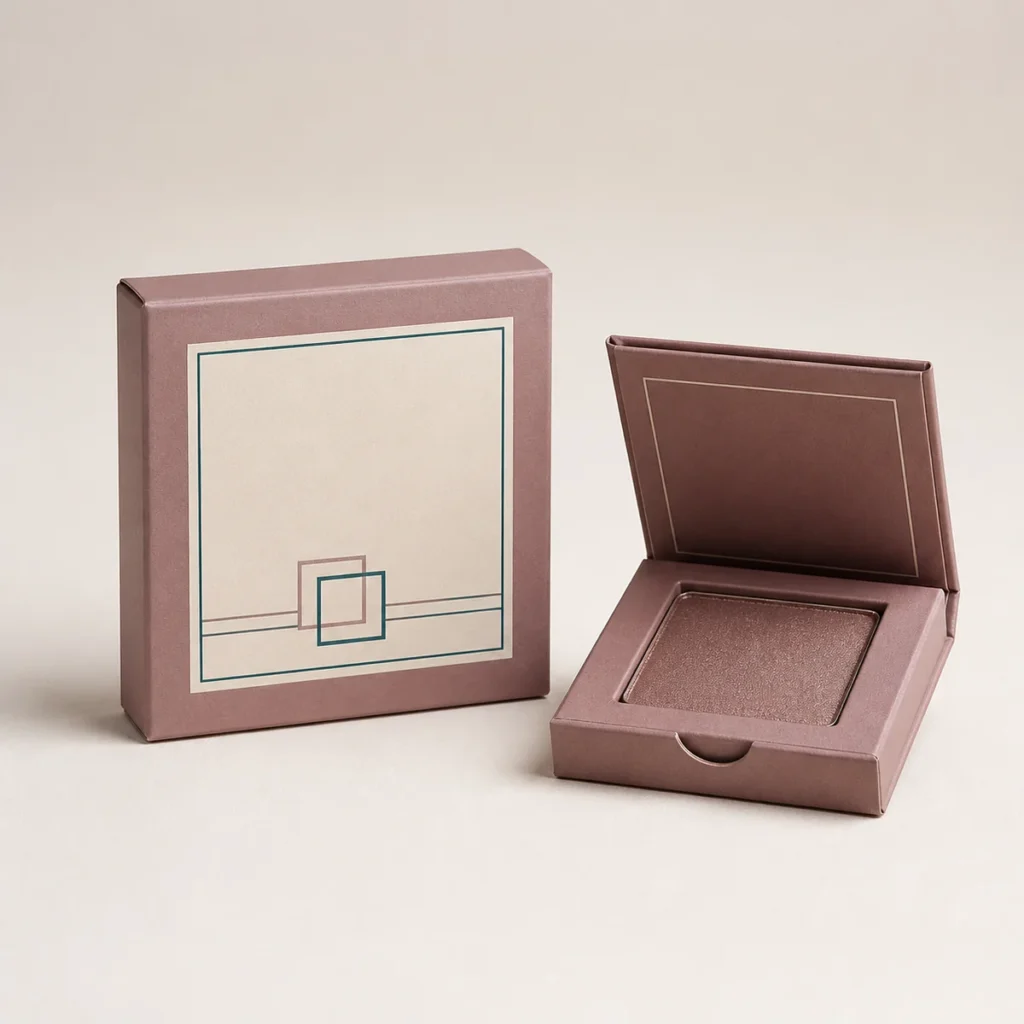 Custom eyeshadow box with matching product in a square studio photograph