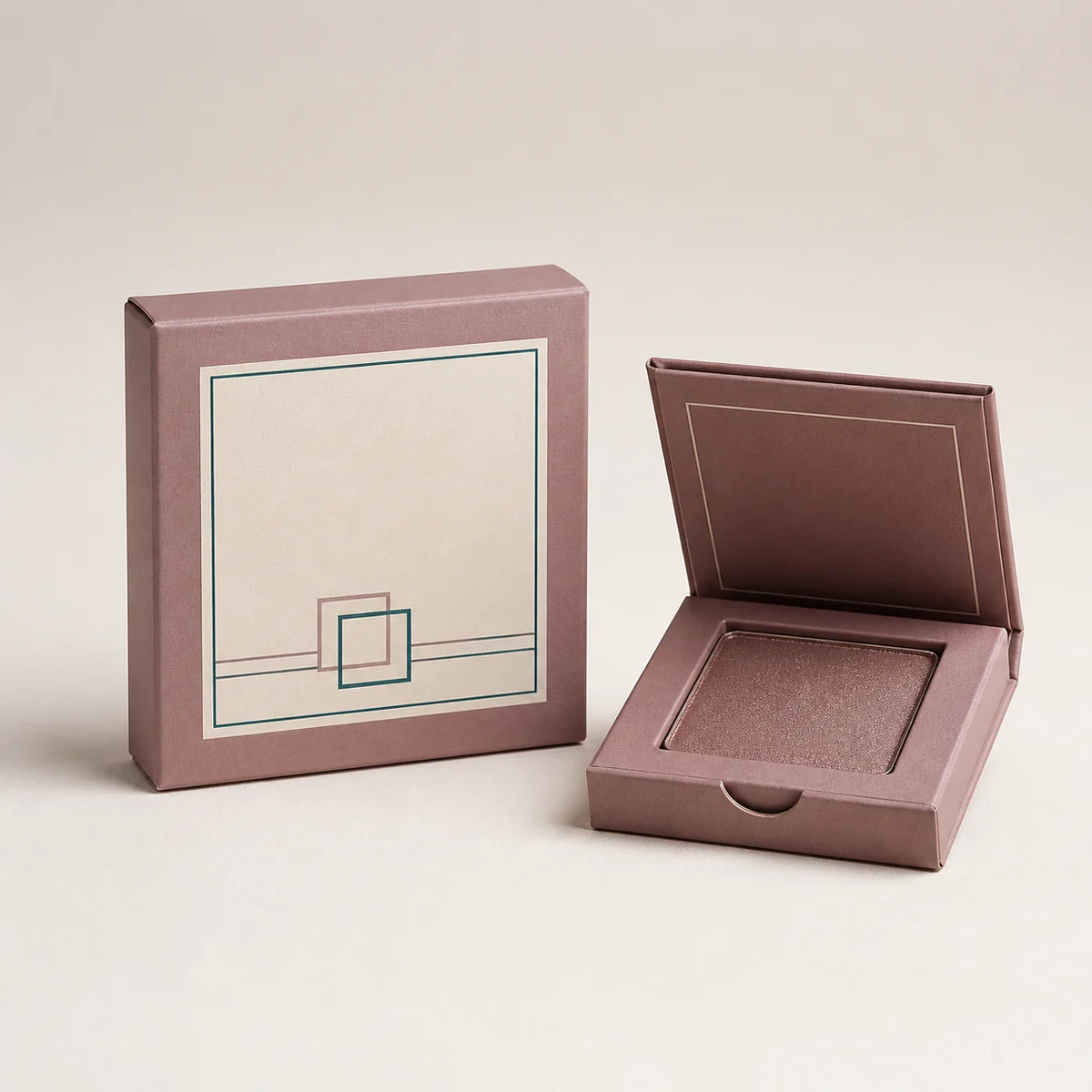 Custom eyeshadow box with matching product in a square studio photograph