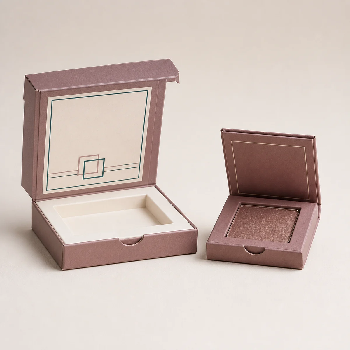 Open custom eyeshadow box showing its fitted insert and product presentation