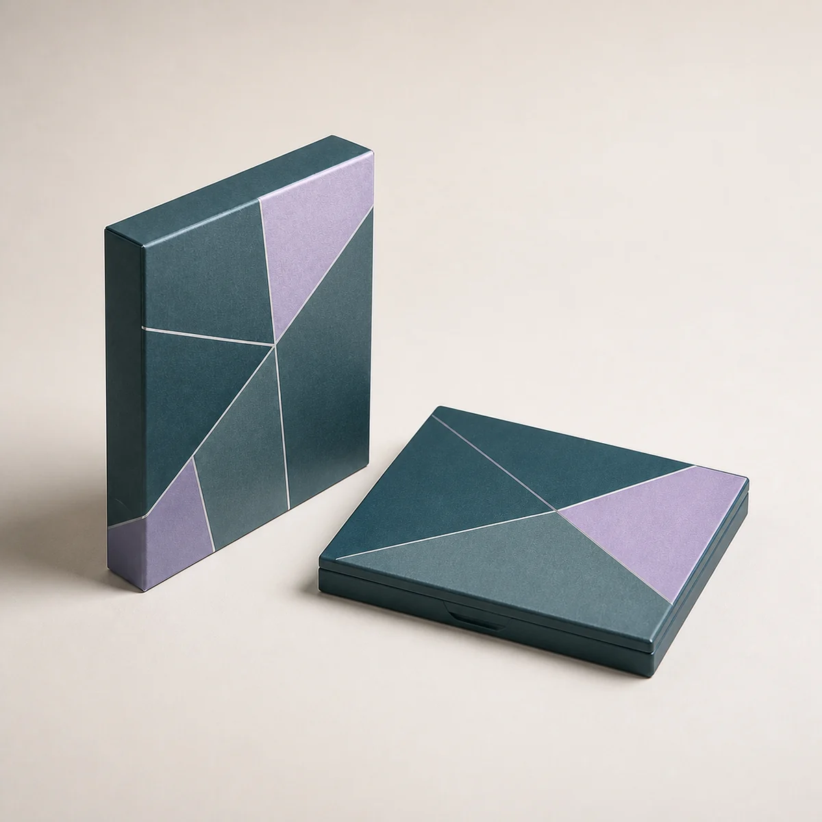 Custom eyeshadow palette packaging shown from a three-quarter side angle