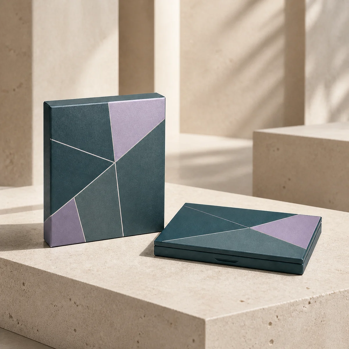 Custom eyeshadow palette box in a premium square retail styling scene