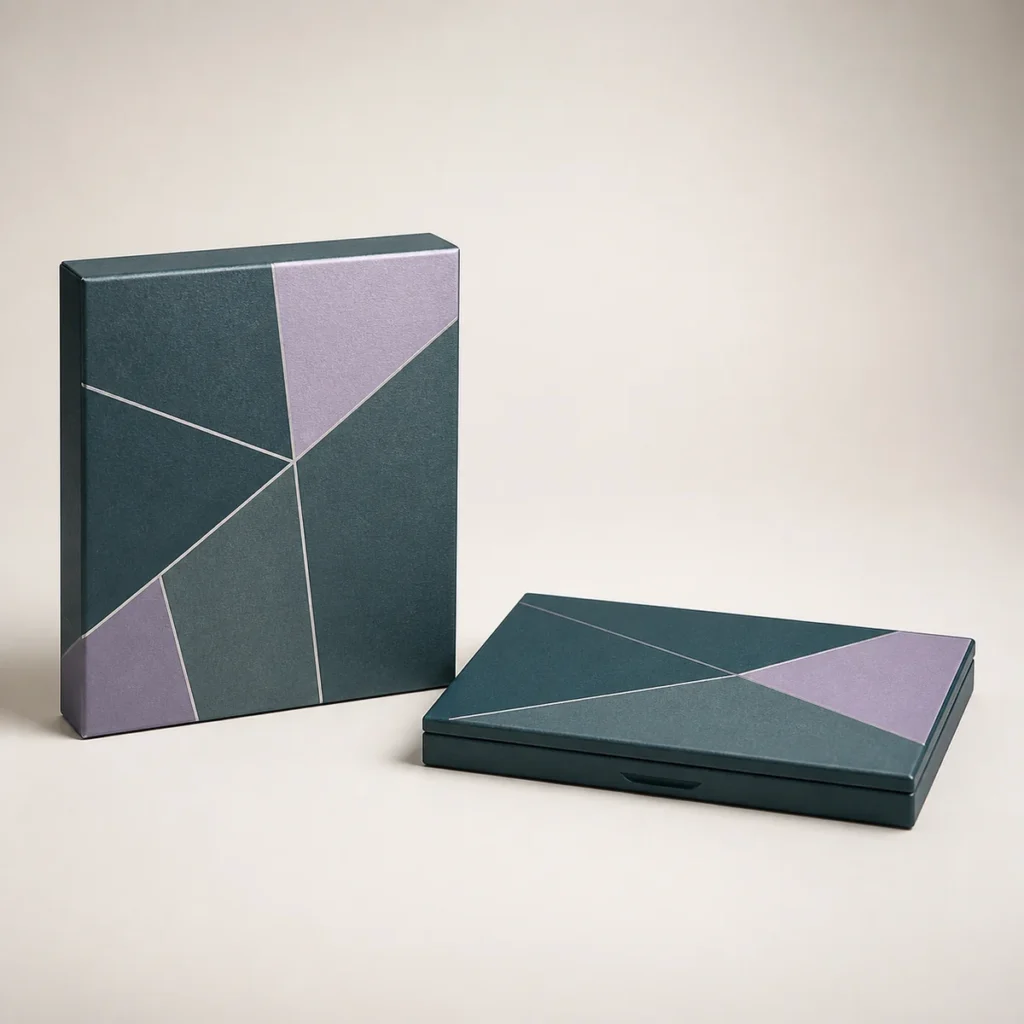 Custom eyeshadow palette box with matching product in a square studio photograph