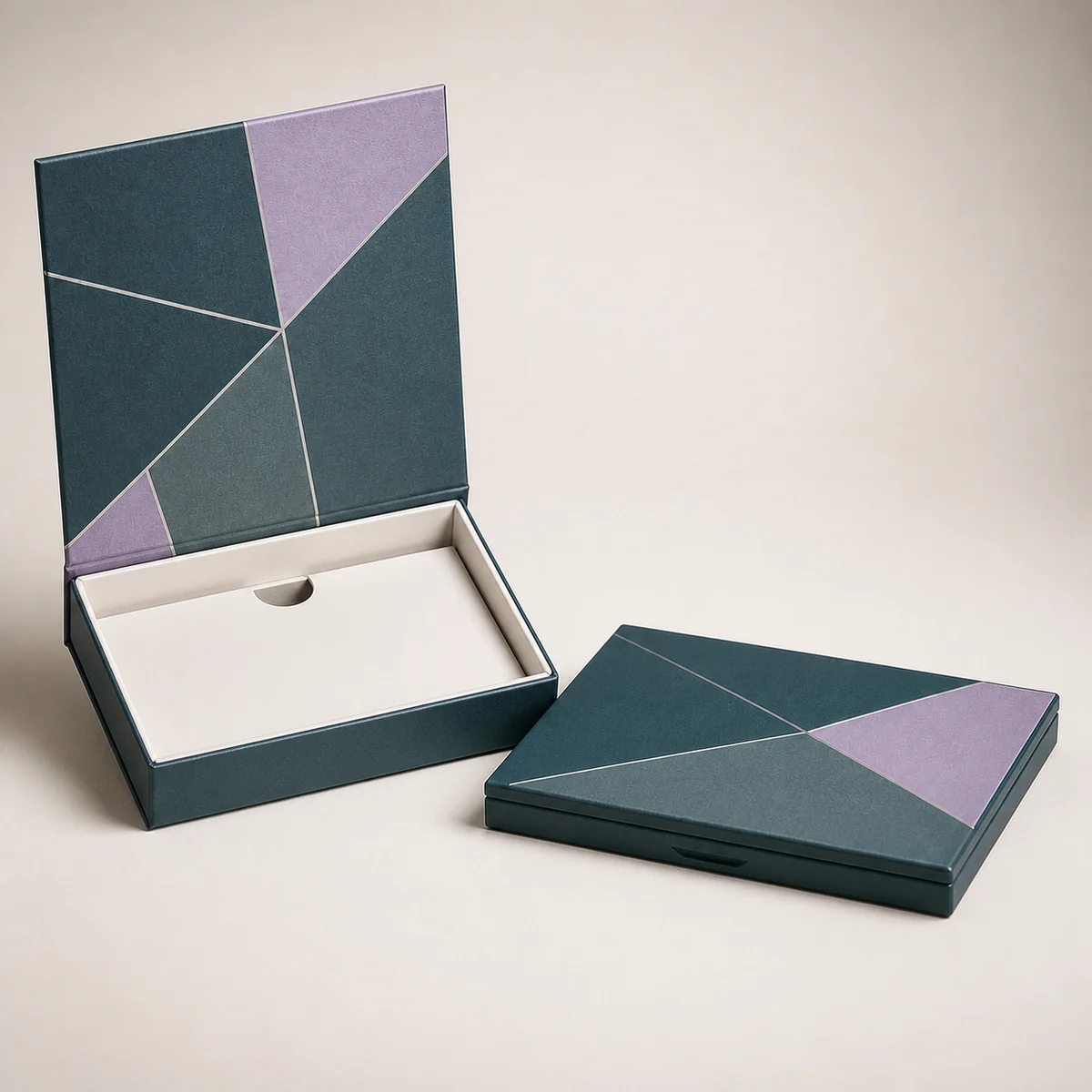 Open custom eyeshadow palette box showing its fitted insert and product presentation