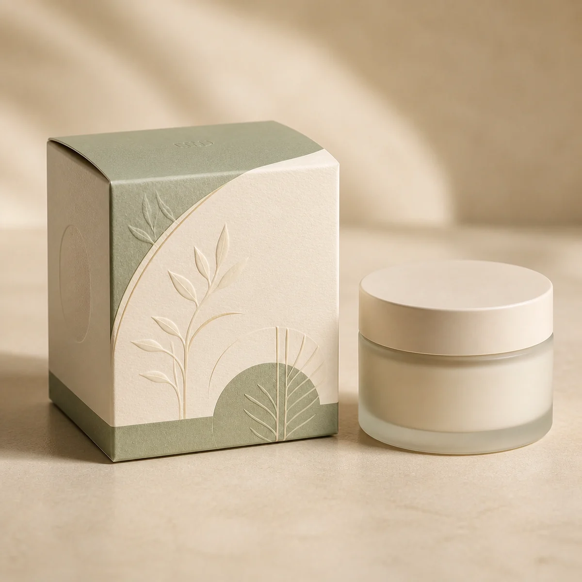 Custom face cream packaging shown from a three-quarter side angle
