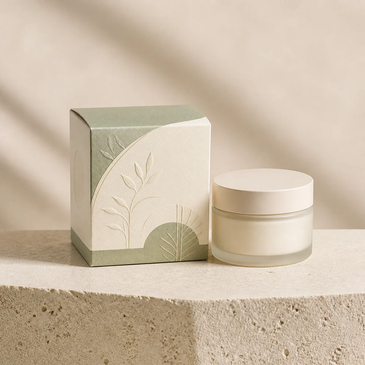 Custom face cream box in a premium square retail styling scene