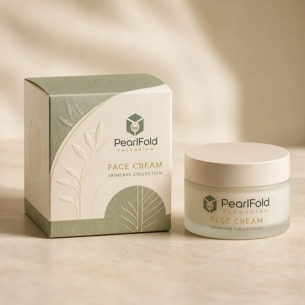 Custom face cream box with matching product in a square studio photograph
