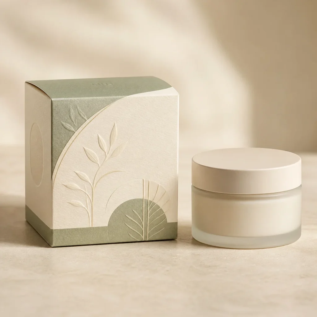 Custom face cream box with matching product in a square studio photograph