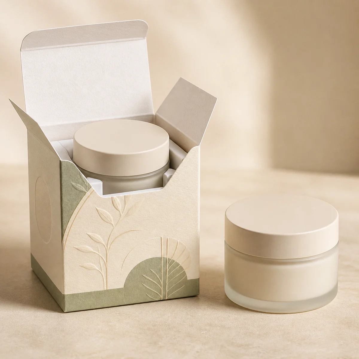 Open custom face cream box showing its fitted insert and product presentation