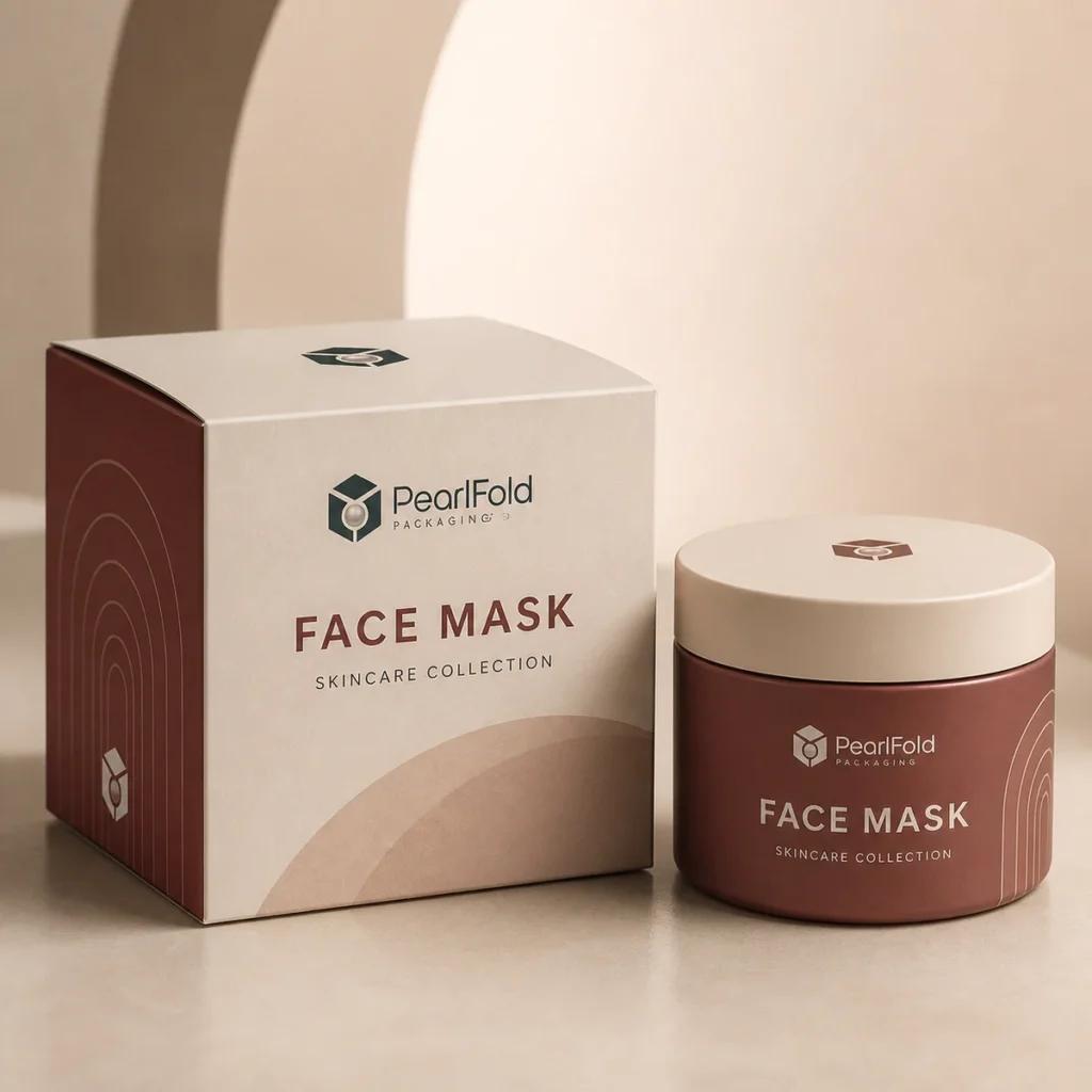 Custom face mask box with matching product in a square studio photograph
