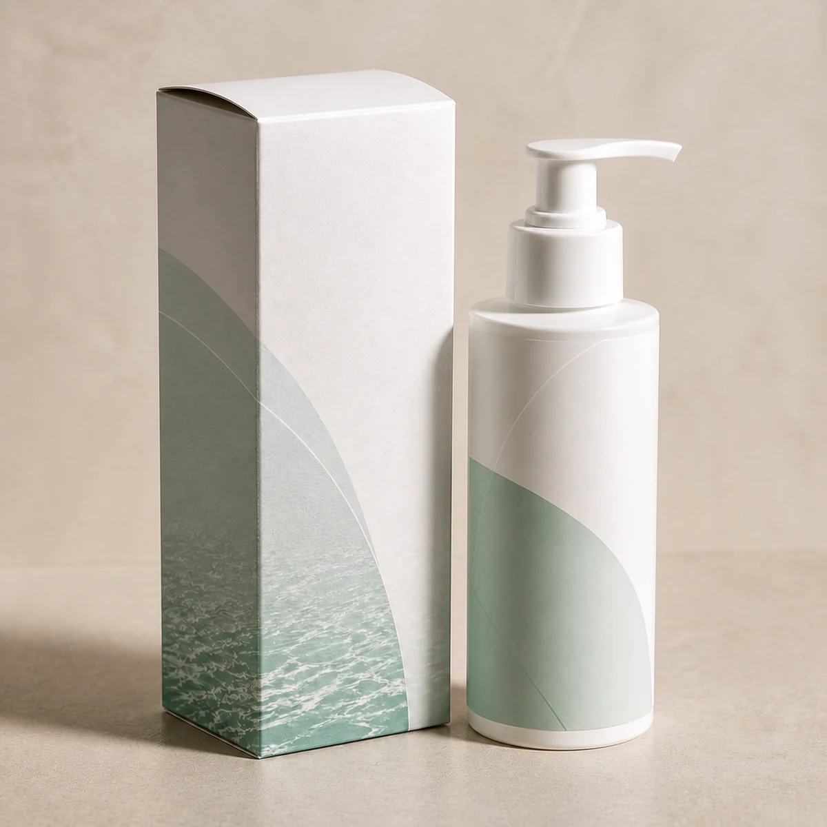 Custom facial cleanser packaging shown from a three-quarter side angle