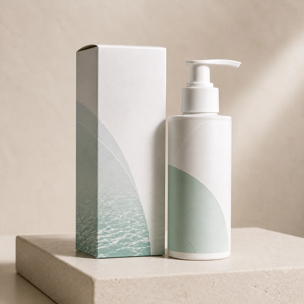 Custom facial cleanser box in a premium square retail styling scene