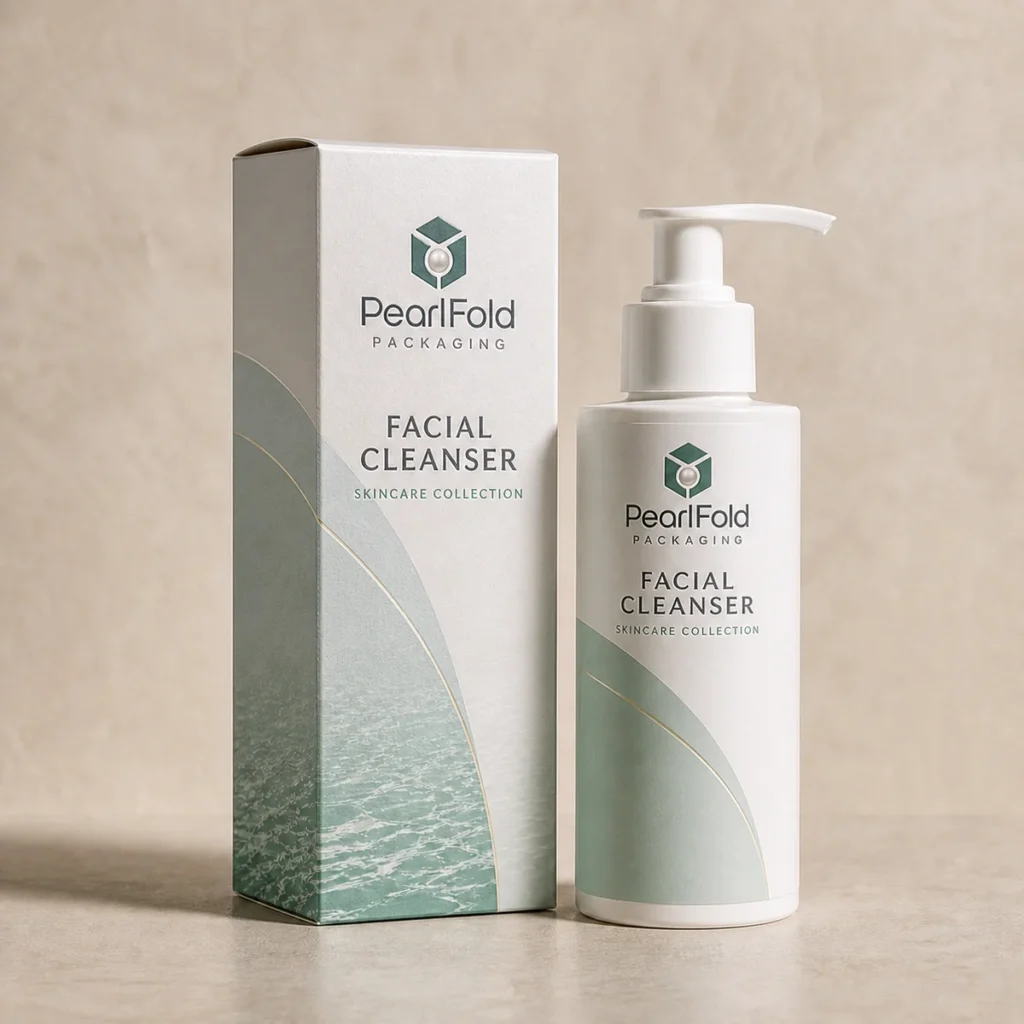 Custom facial cleanser box with matching product in a square studio photograph