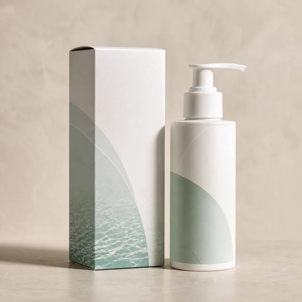 Custom facial cleanser box with matching product in a square studio photograph