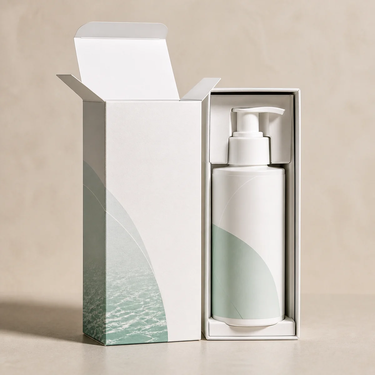 Open custom facial cleanser box showing its fitted insert and product presentation