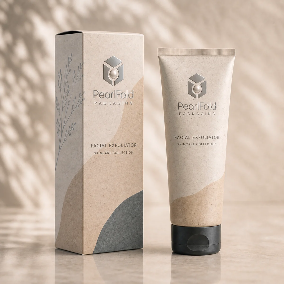Custom facial exfoliator packaging shown from a three-quarter side angle