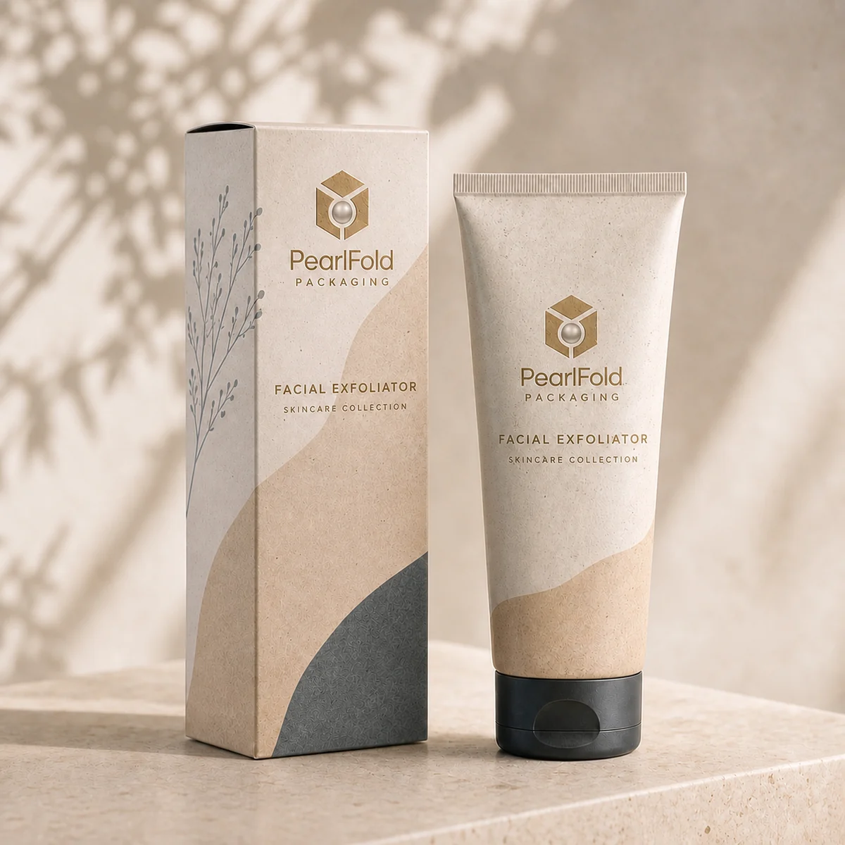 Custom facial exfoliator box in a premium square retail styling scene
