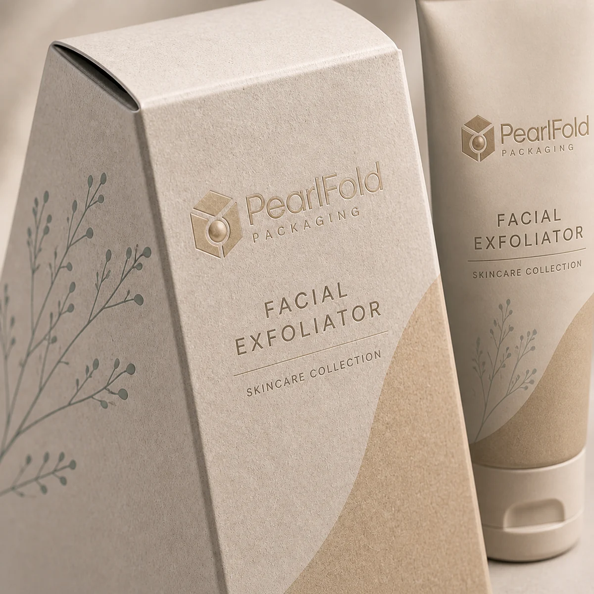 Close-up of custom facial exfoliator box paper texture, print detail, and corner construction