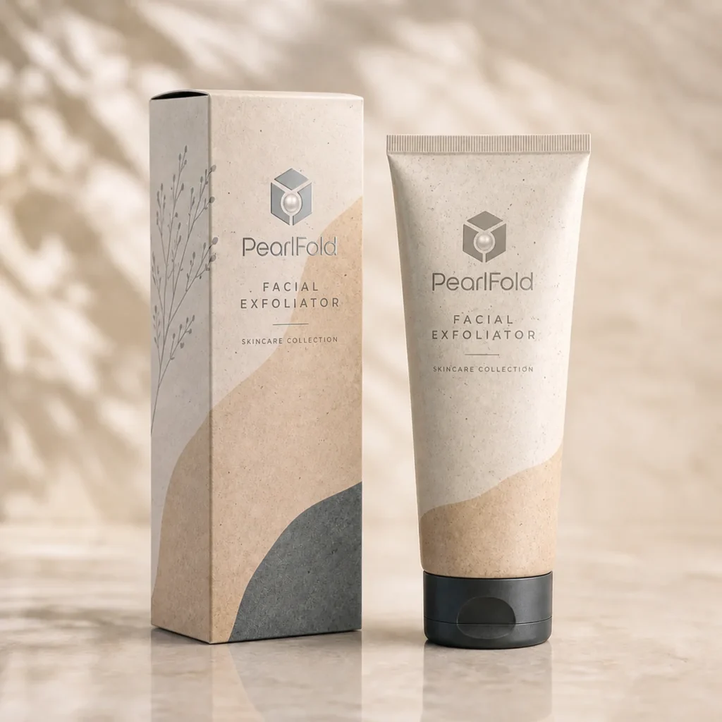 Custom facial exfoliator box with matching product in a square studio photograph