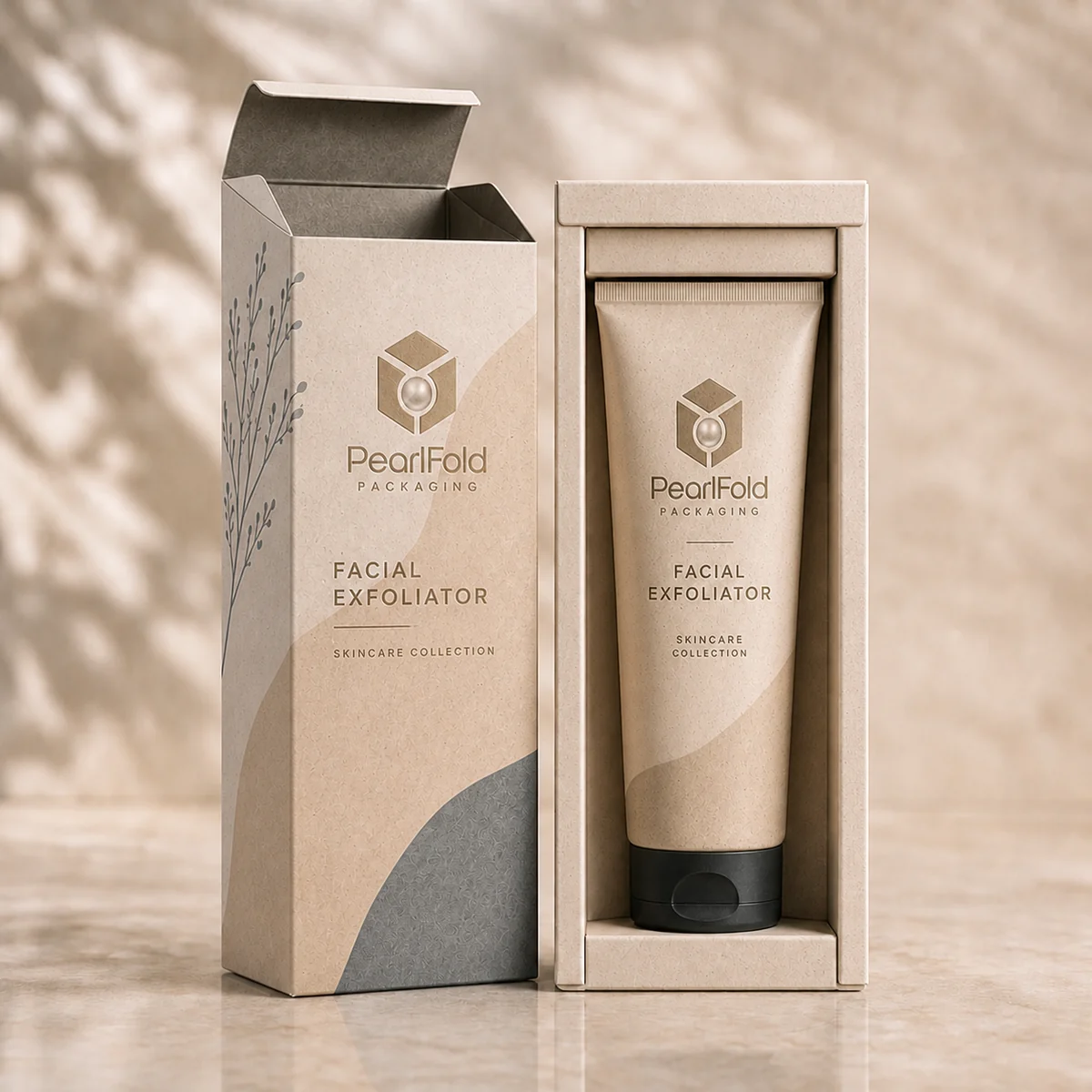 Open custom facial exfoliator box showing its fitted insert and product presentation