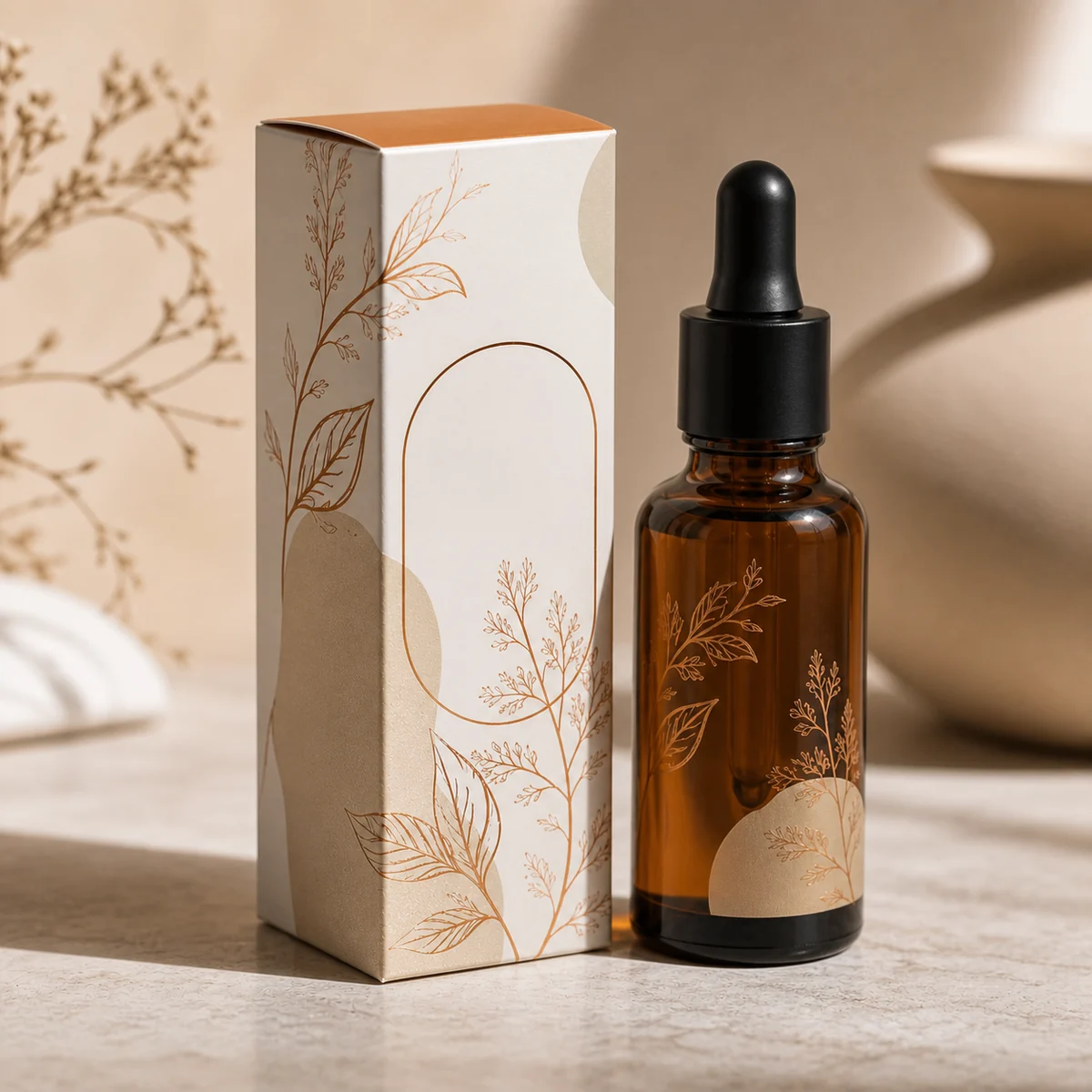 Custom facial oil packaging shown from a three-quarter side angle
