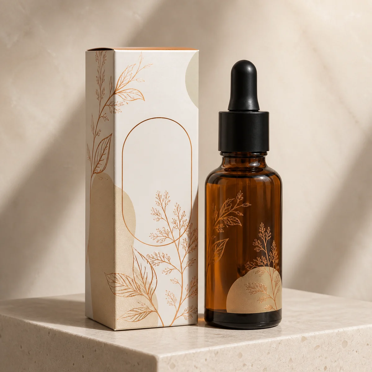Custom facial oil box in a premium square retail styling scene