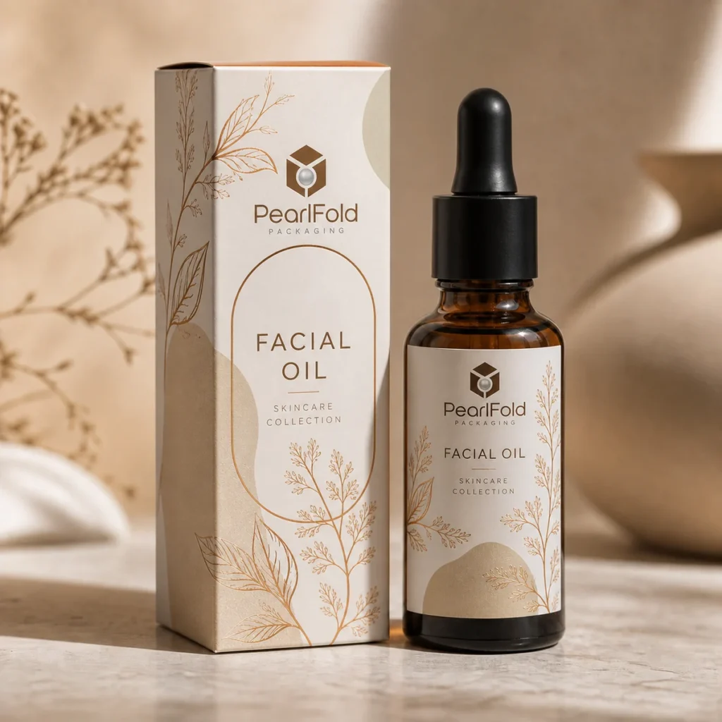 Custom facial oil box with matching product in a square studio photograph