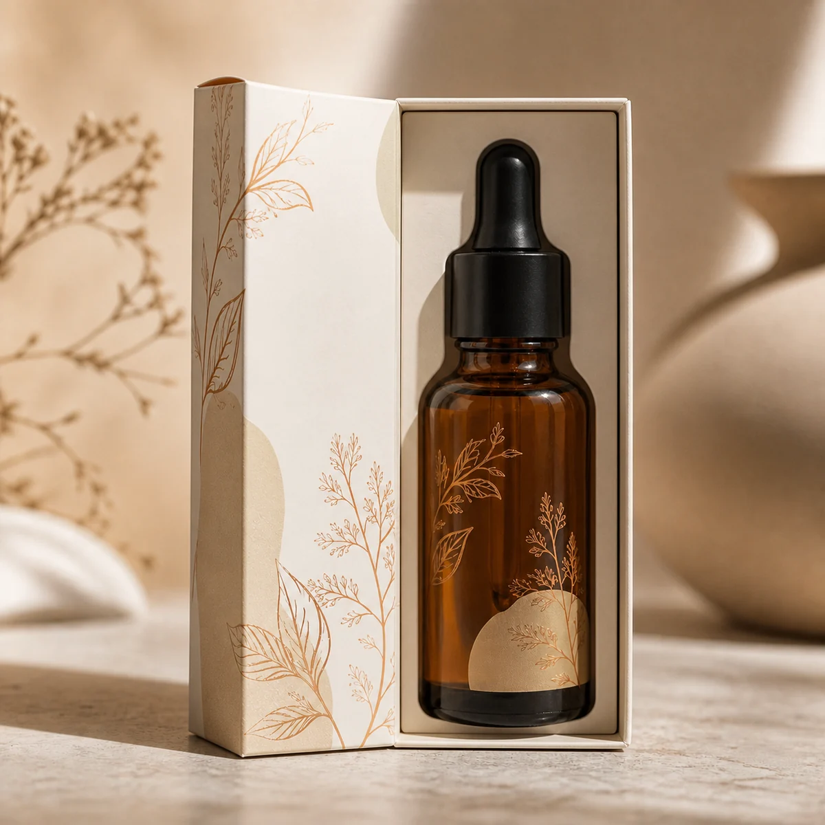 Open custom facial oil box showing its fitted insert and product presentation