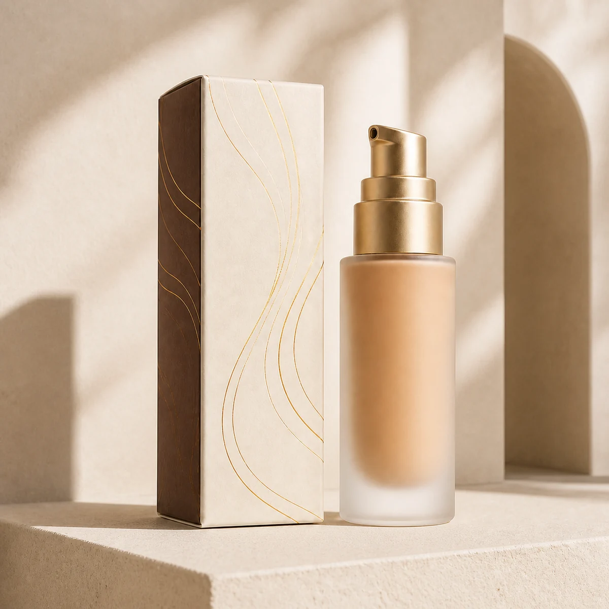 Custom foundation box in a premium square retail styling scene