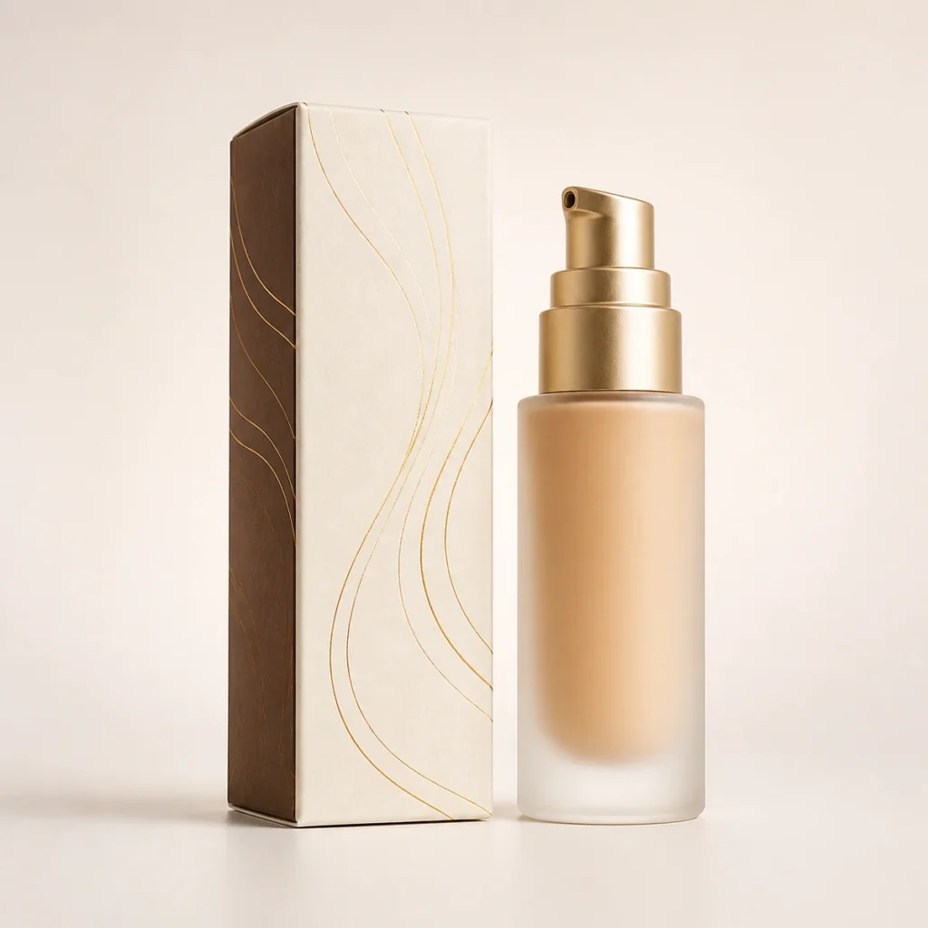 Custom foundation box with matching product in a square studio photograph