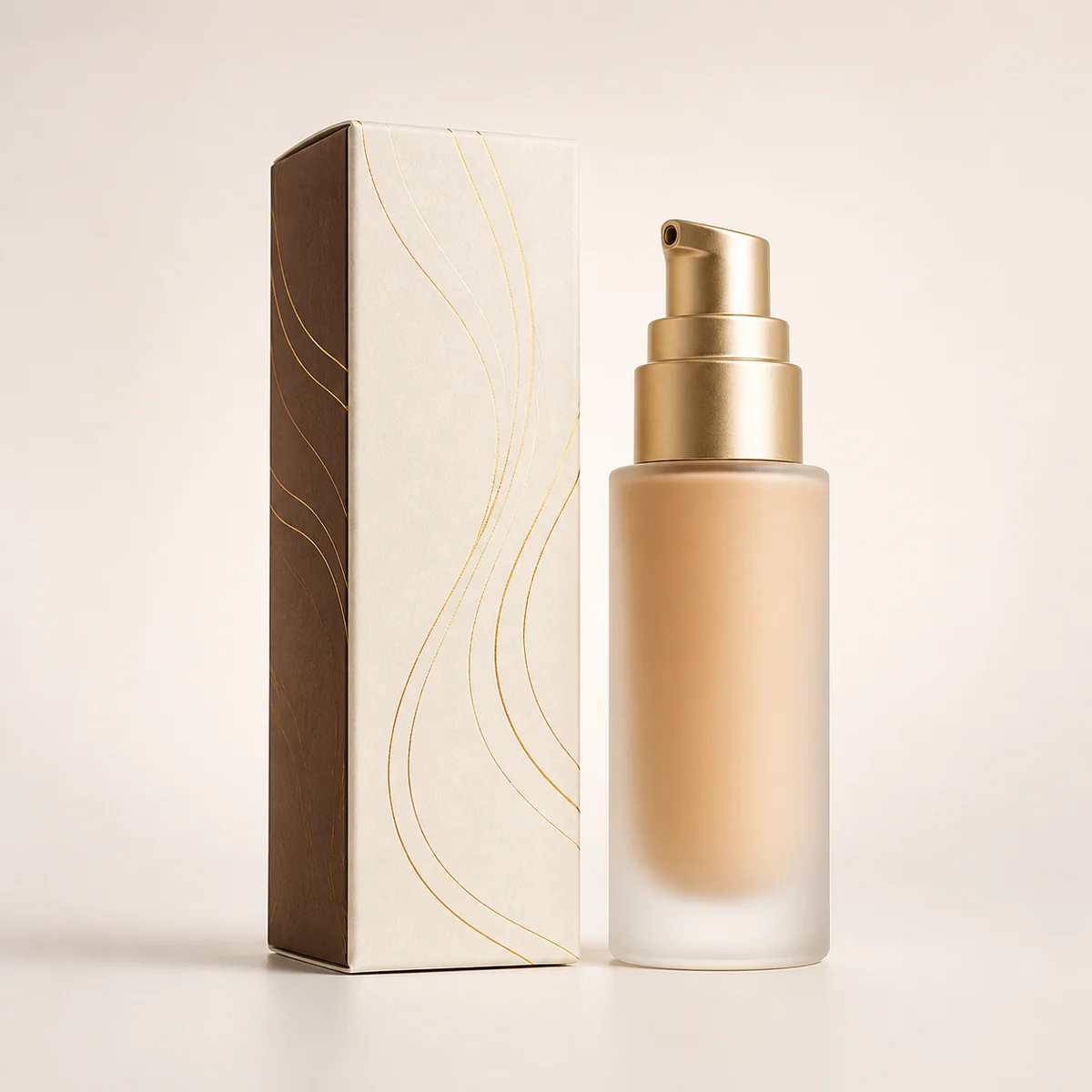 Custom foundation box with matching product in a square studio photograph