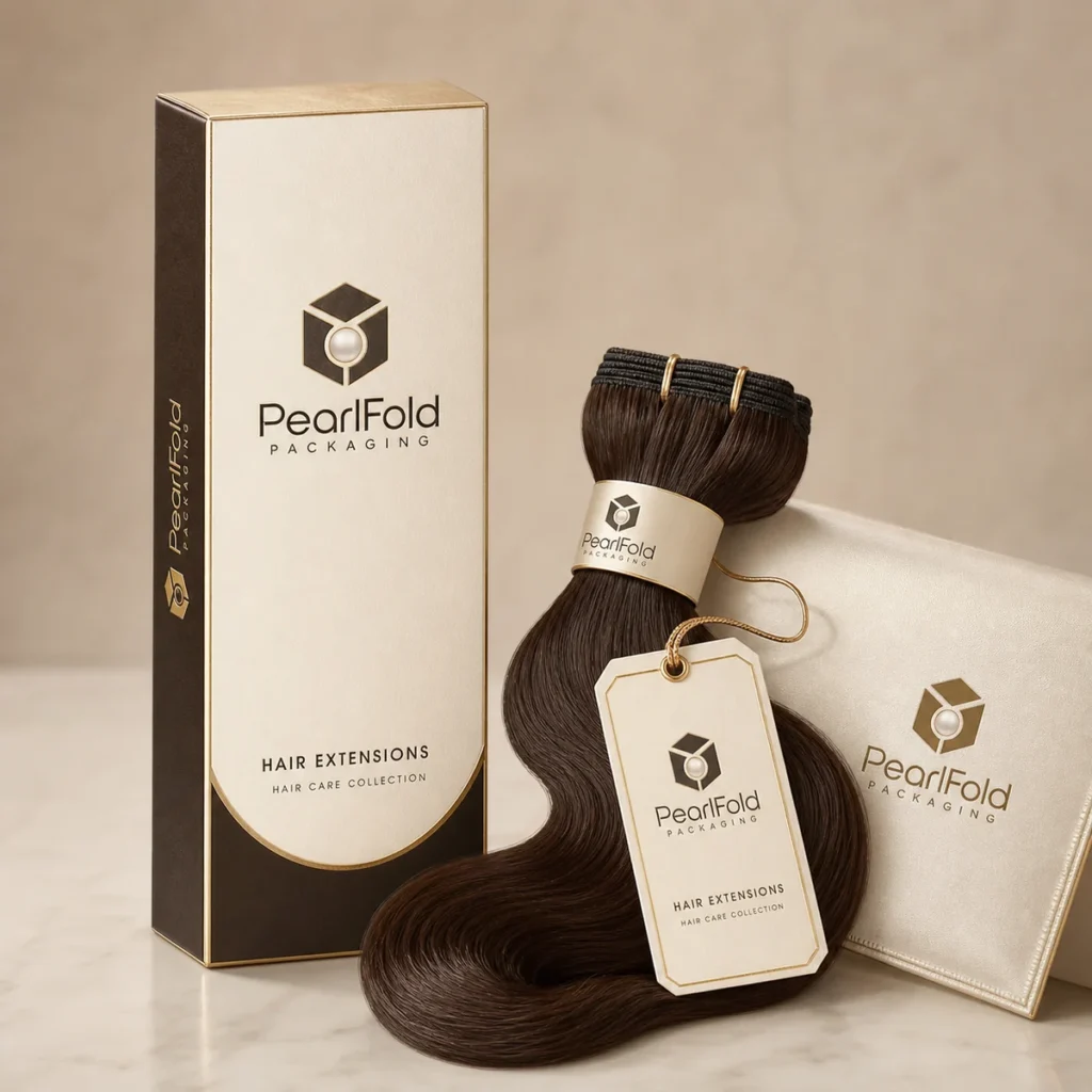 Custom hair extension box with matching product in a square studio photograph