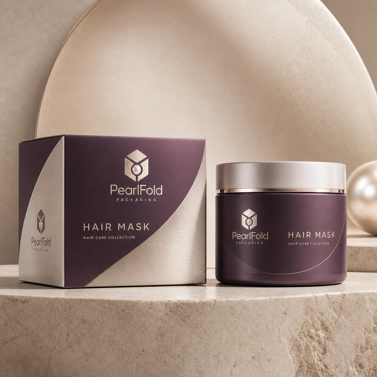Custom hair mask box in a premium square retail styling scene