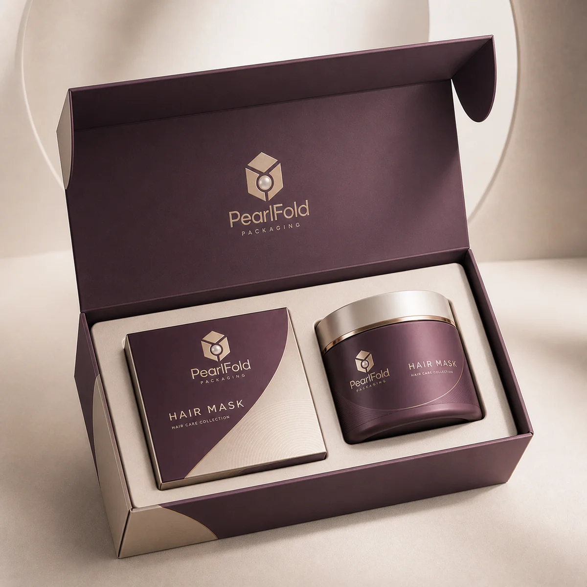 Open custom hair mask box showing its fitted insert and product presentation