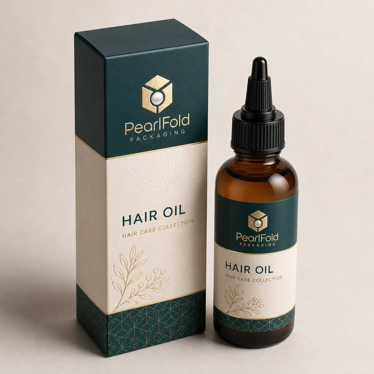 Custom hair oil packaging shown from a three-quarter side angle