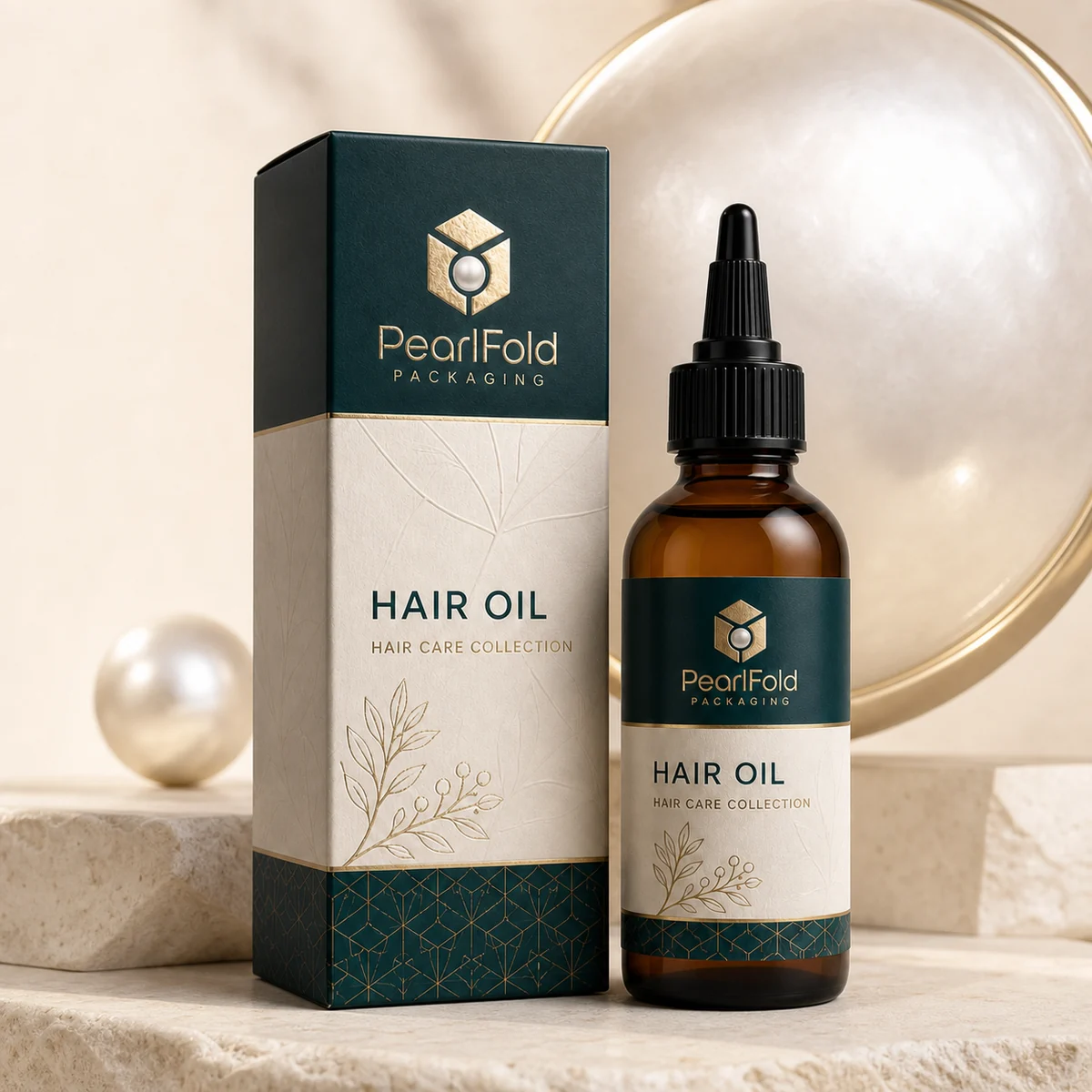 Custom hair oil box in a premium square retail styling scene
