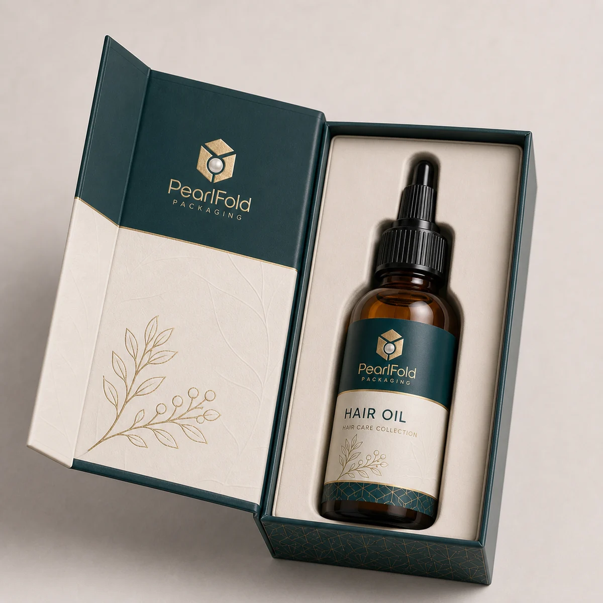 Open custom hair oil box showing its fitted insert and product presentation