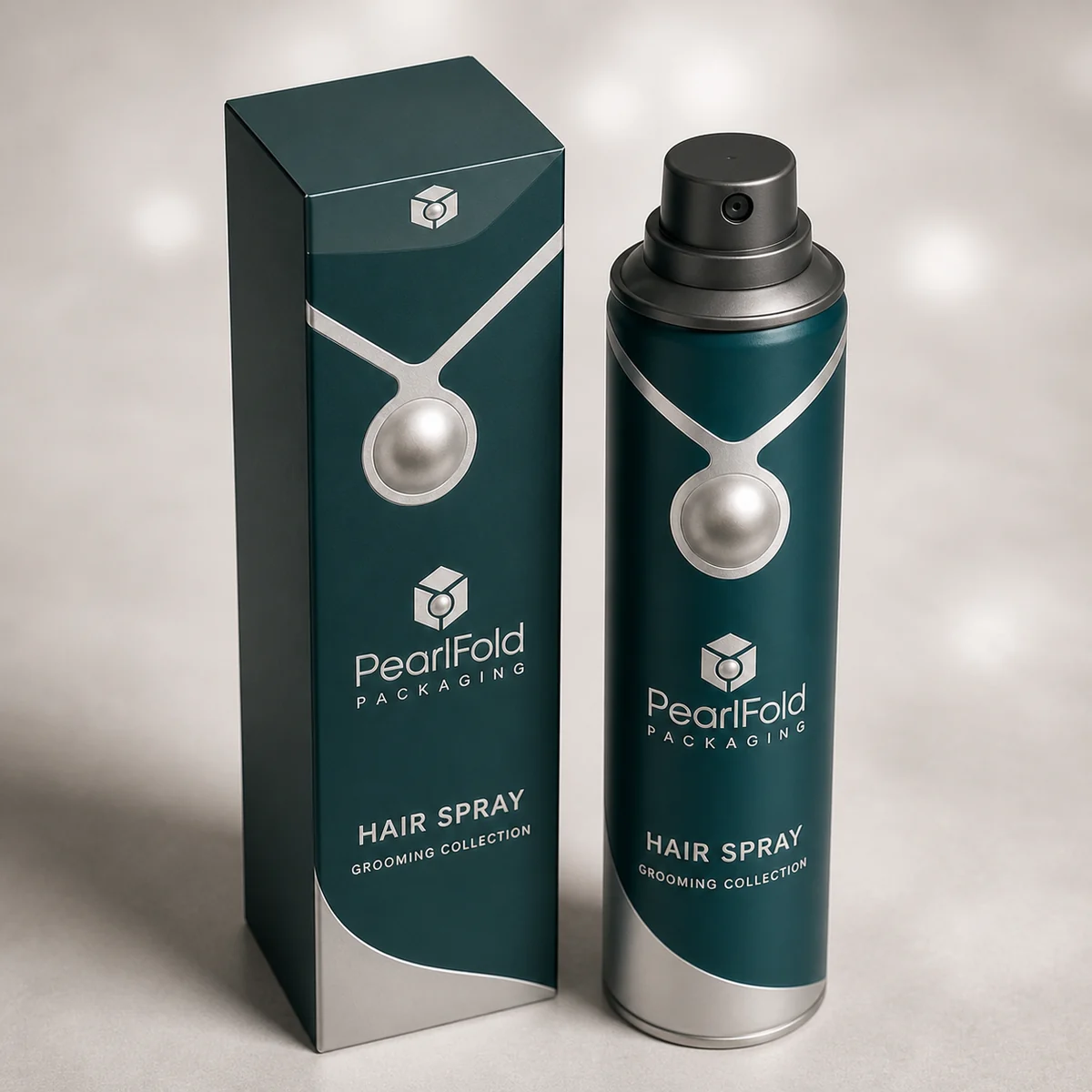 Custom hair spray packaging shown from a three-quarter side angle