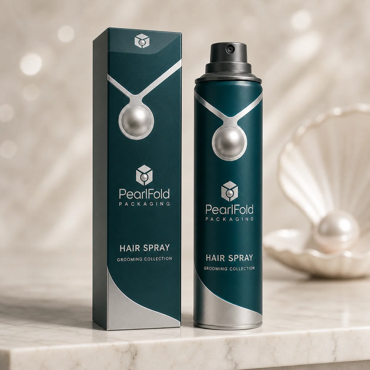 Custom hair spray box in a premium square retail styling scene