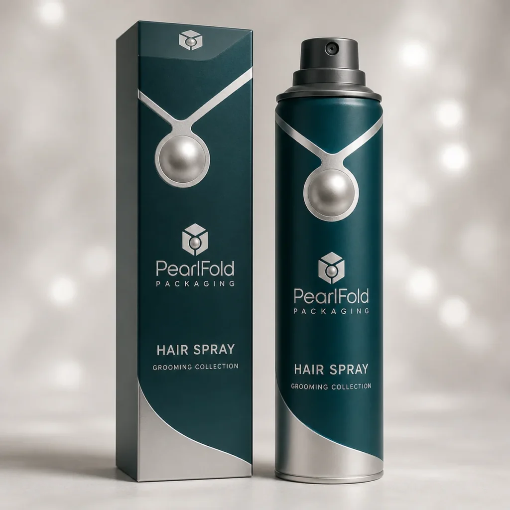 Custom hair spray box with matching product in a square studio photograph