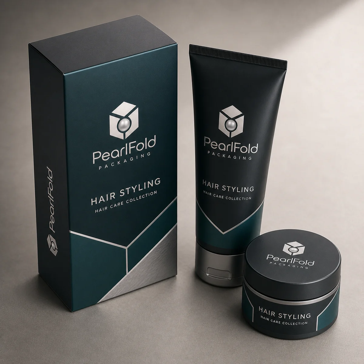 Custom hair styling product packaging shown from a three-quarter side angle