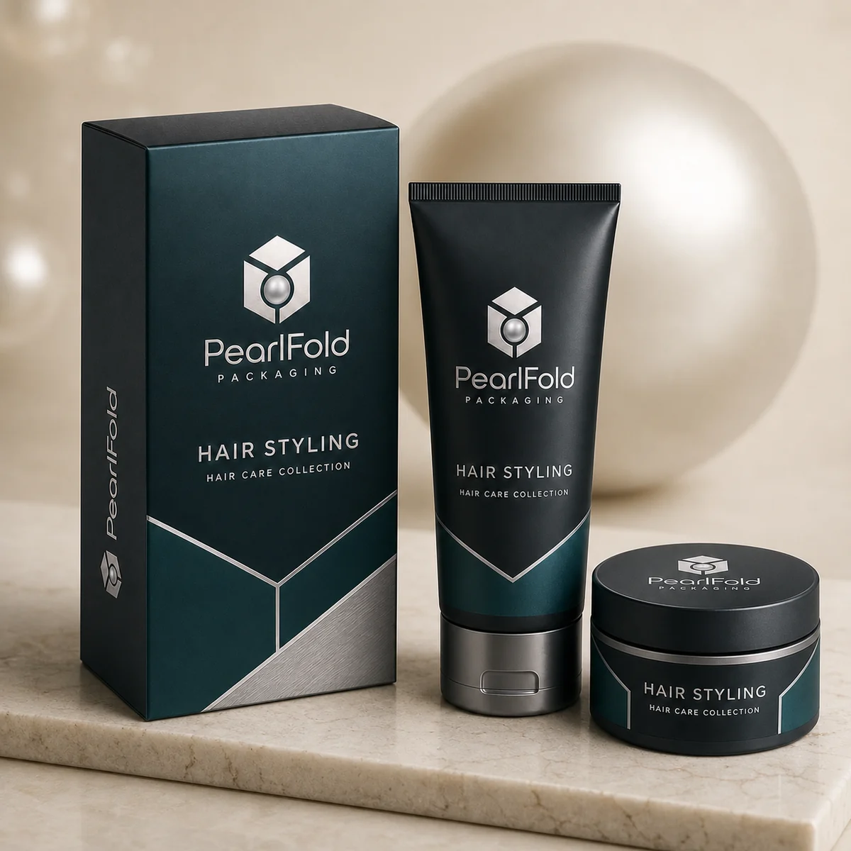 Custom hair styling product box in a premium square retail styling scene