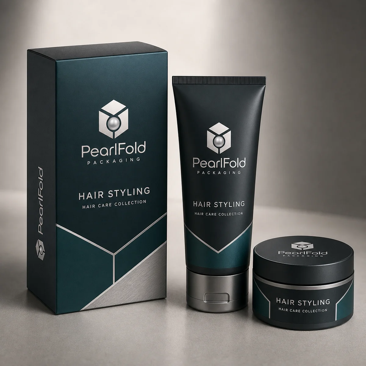 Custom hair styling product box with matching product in a square studio photograph