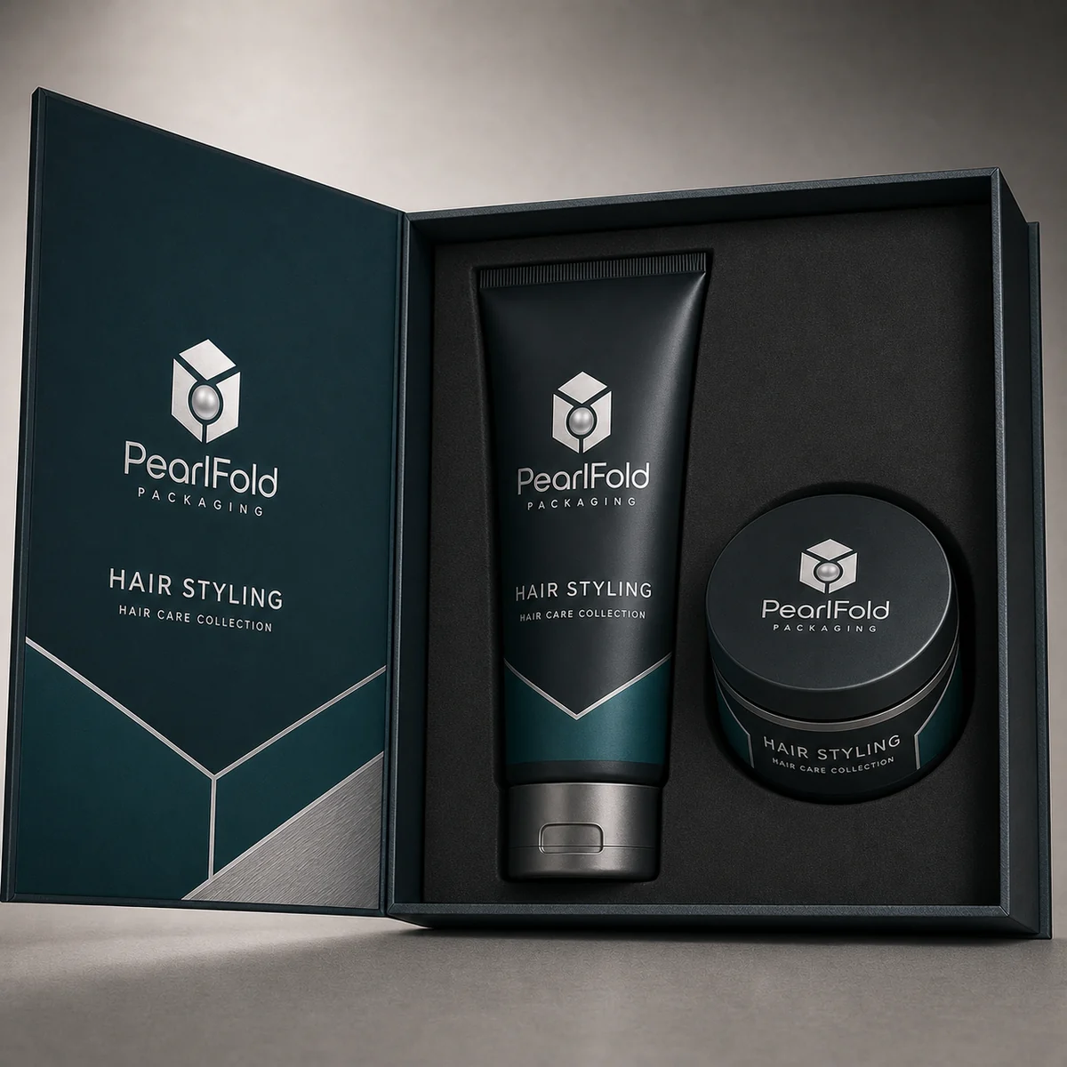 Open custom hair styling product box showing its fitted insert and product presentation