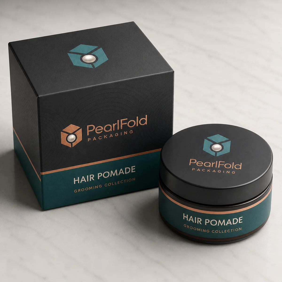 Custom hair wax & pomade packaging shown from a three-quarter side angle