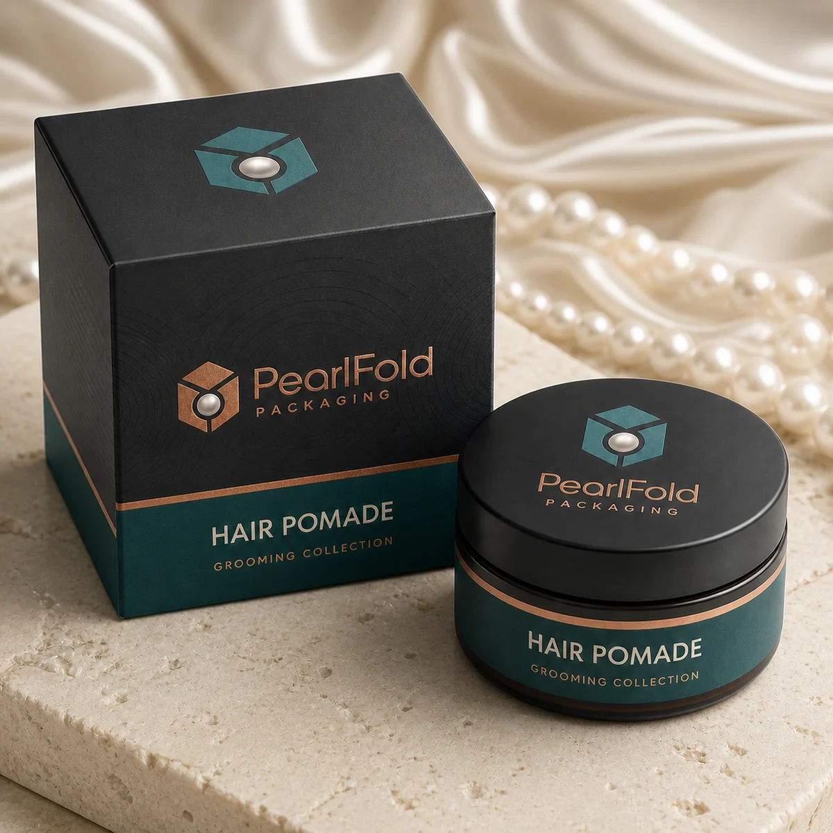 Custom hair wax & pomade box in a premium square retail styling scene