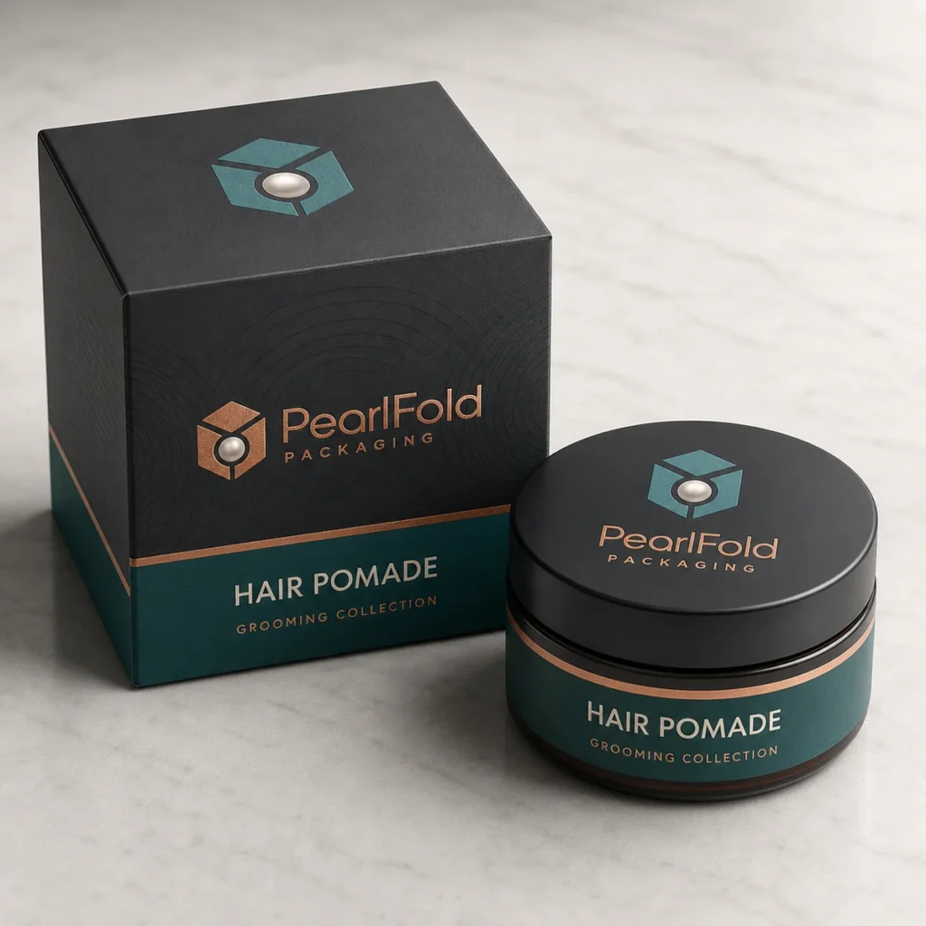 Custom hair wax & pomade box with matching product in a square studio photograph